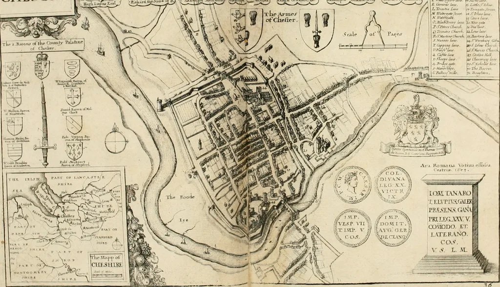 An illustration from The vale-royall of England, or, The county palatine of Chester illustrated : wherein is contained a geographical and historical description of that famous county, with all its hundreds and seats of the nobility, gentry, and freeholders, its rivers, towns, castles, buildings ancient and modern : adorned with maps and prospects, and the coats of arms belonging to every individual family of the whole county, 1656, leaf 59
