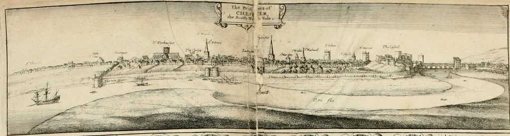 An illustration from The vale-royall of England, or, The county palatine of Chester illustrated : wherein is contained a geographical and historical description of that famous county, with all its hundreds and seats of the nobility, gentry, and freeholders, its rivers, towns, castles, buildings ancient and modern : adorned with maps and prospects, and the coats of arms belonging to every individual family of the whole county, 1656, leaf 59