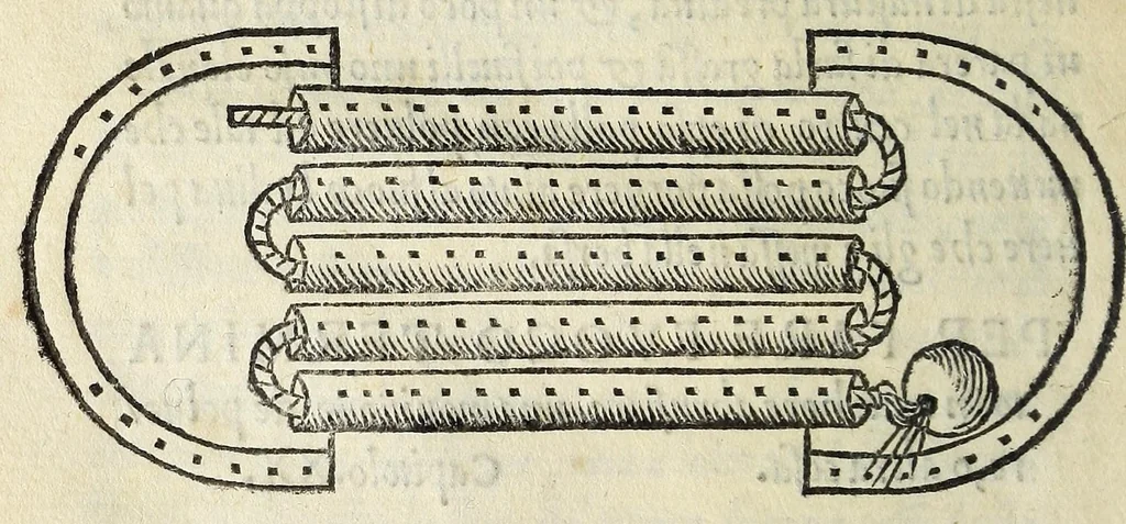 An illustration from Vallo : libro cõtinente appertenentie ad capitanii, retenere & fortificare una citta cõ bastioni, con noui artificii de fuoco aggionti, come nella tabola appare, & de diverse sorte poluere, et de expugnare una citta cõ põti, scale, argani, trõbe, trẽciere, artegliarie, caue, dare auisamenti senza messo allo amico, fare ordinanze, battaglioni, et ponti de disfida con lo pingere, opera molto utile con la experientia de larte, 1528, leaf 44
