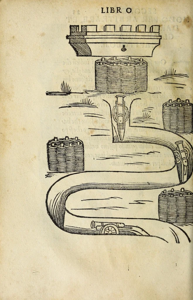 An illustration from Vallo : libro cõtinente appertenentie ad capitanii, retenere & fortificare una citta cõ bastioni, con noui artificii de fuoco aggionti, come nella tabola appare, & de diverse sorte poluere, et de expugnare una citta cõ põti, scale, argani, trõbe, trẽciere, artegliarie, caue, dare auisamenti senza messo allo amico, fare ordinanze, battaglioni, et ponti de disfida con lo pingere, opera molto utile con la experientia de larte, 1528, leaf 62