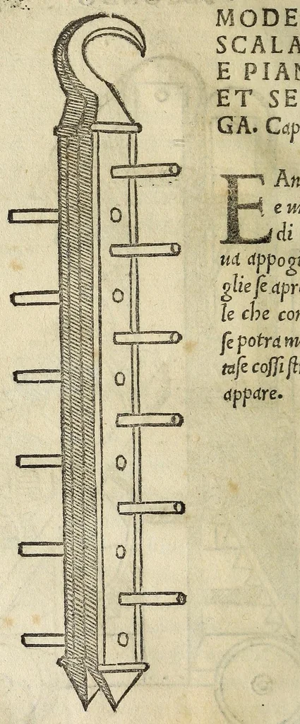 An illustration from Vallo : libro cõtinente appertenentie ad capitanii, retenere & fortificare una citta cõ bastioni, con noui artificii de fuoco aggionti, come nella tabola appare, & de diverse sorte poluere, et de expugnare una citta cõ põti, scale, argani, trõbe, trẽciere, artegliarie, caue, dare auisamenti senza messo allo amico, fare ordinanze, battaglioni, et ponti de disfida con lo pingere, opera molto utile con la experientia de larte, 1528, leaf 68