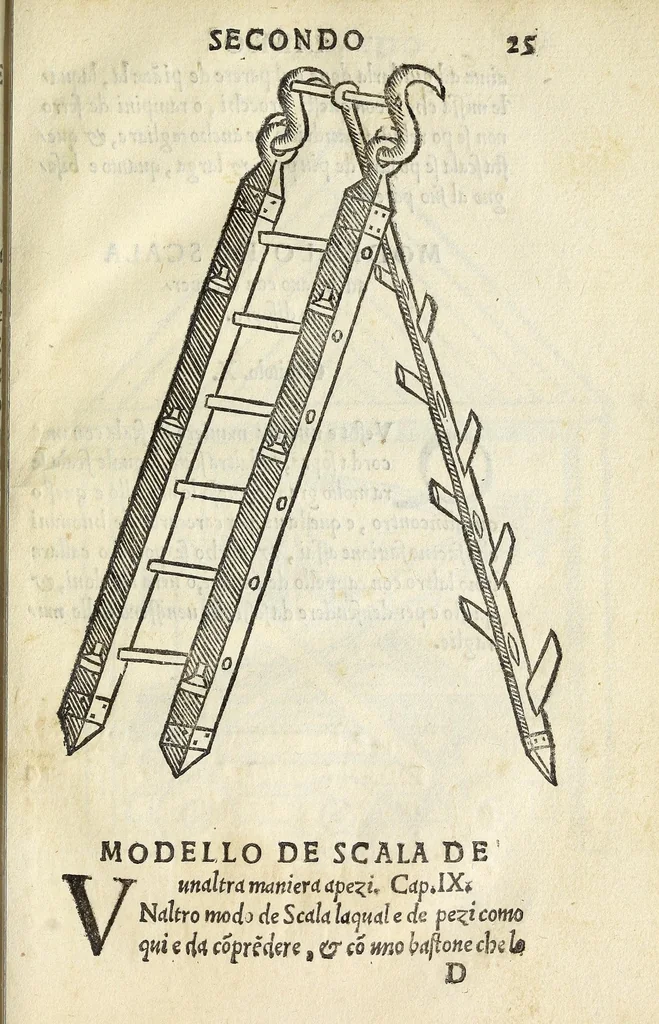 An illustration from Vallo : libro cõtinente appertenentie ad capitanii, retenere & fortificare una citta cõ bastioni, con noui artificii de fuoco aggionti, come nella tabola appare, & de diverse sorte poluere, et de expugnare una citta cõ põti, scale, argani, trõbe, trẽciere, artegliarie, caue, dare auisamenti senza messo allo amico, fare ordinanze, battaglioni, et ponti de disfida con lo pingere, opera molto utile con la experientia de larte, 1528, leaf 69