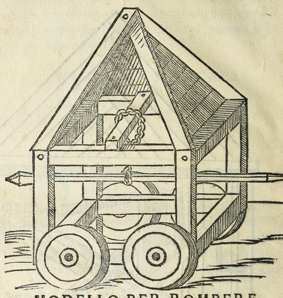 An illustration from Vallo : libro cõtinente appertenentie ad capitanii, retenere & fortificare una citta cõ bastioni, con noui artificii de fuoco aggionti, come nella tabola appare, & de diverse sorte poluere, et de expugnare una citta cõ põti, scale, argani, trõbe, trẽciere, artegliarie, caue, dare auisamenti senza messo allo amico, fare ordinanze, battaglioni, et ponti de disfida con lo pingere, opera molto utile con la experientia de larte, 1528, leaf 72