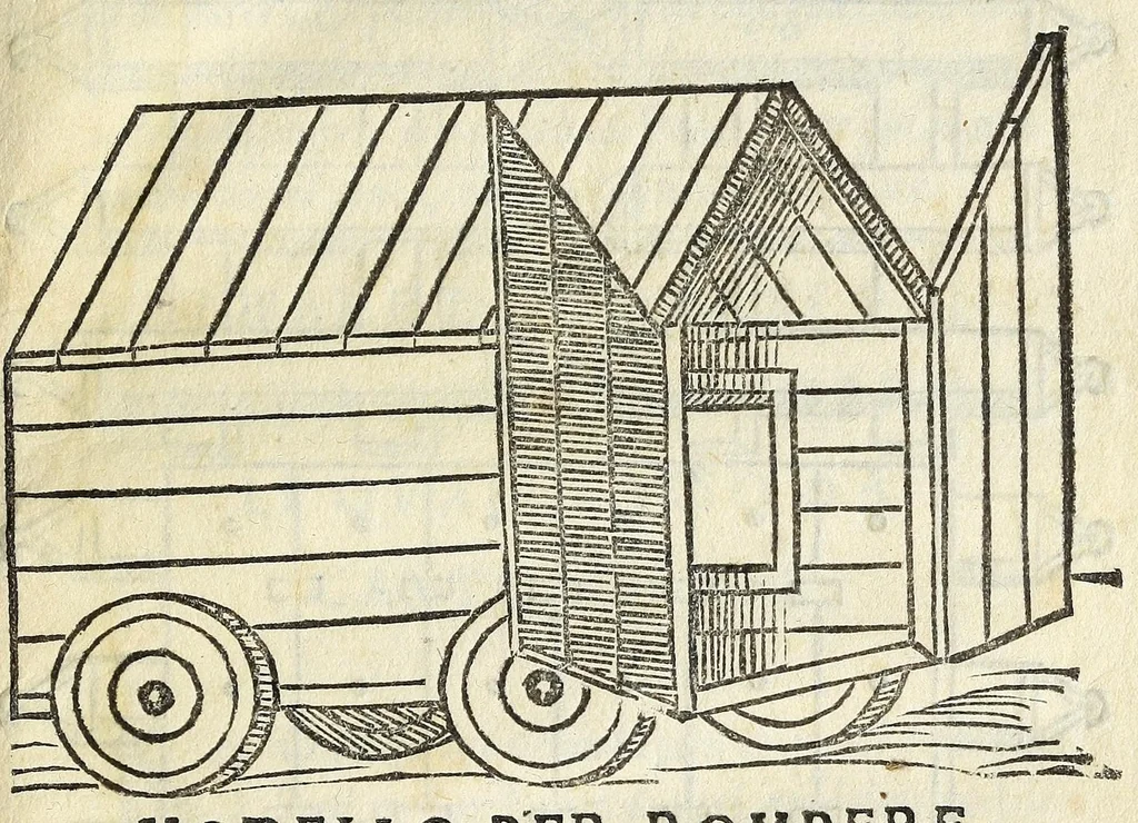An illustration from Vallo : libro cõtinente appertenentie ad capitanii, retenere & fortificare una citta cõ bastioni, con noui artificii de fuoco aggionti, come nella tabola appare, & de diverse sorte poluere, et de expugnare una citta cõ põti, scale, argani, trõbe, trẽciere, artegliarie, caue, dare auisamenti senza messo allo amico, fare ordinanze, battaglioni, et ponti de disfida con lo pingere, opera molto utile con la experientia de larte, 1528, leaf 73