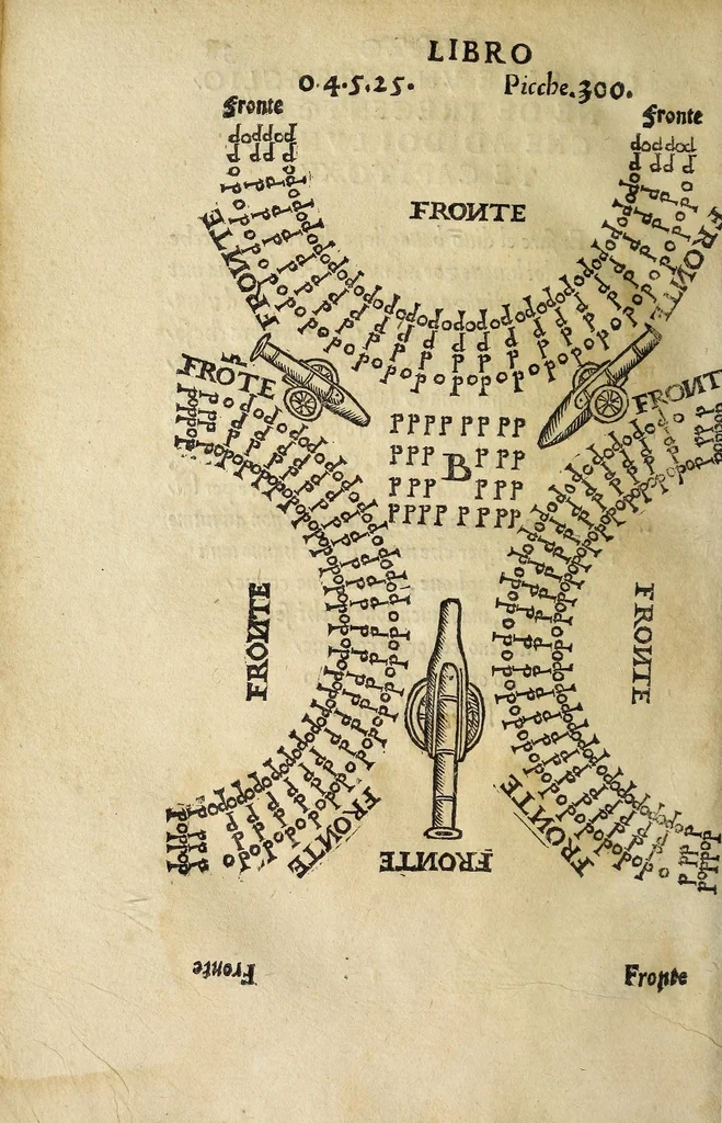 An illustration from Vallo : libro cõtinente appertenentie ad capitanii, retenere & fortificare una citta cõ bastioni, con noui artificii de fuoco aggionti, come nella tabola appare, & de diverse sorte poluere, et de expugnare una citta cõ põti, scale, argani, trõbe, trẽciere, artegliarie, caue, dare auisamenti senza messo allo amico, fare ordinanze, battaglioni, et ponti de disfida con lo pingere, opera molto utile con la experientia de larte, 1528, leaf 96