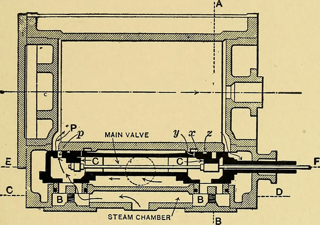 An illustration from Valve setting: simple methods of setting the plain slide valve. Meyer cut-off. Corliss. and poppet types, 1908, leaf 104