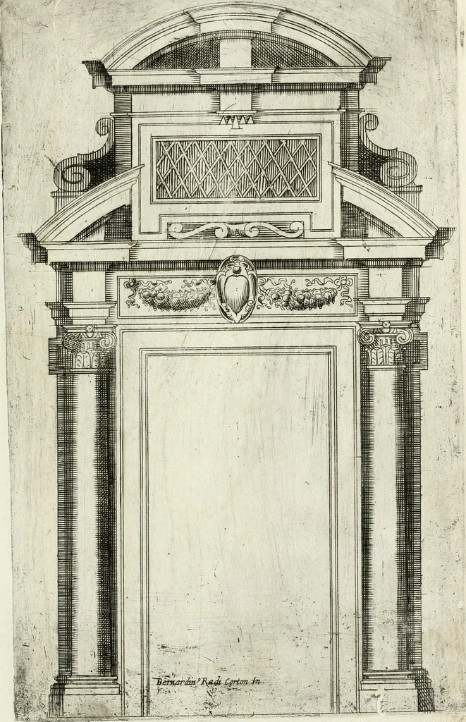 An illustration from Vari disegni de arghitettura ornati de porte, 1619, leaf 16