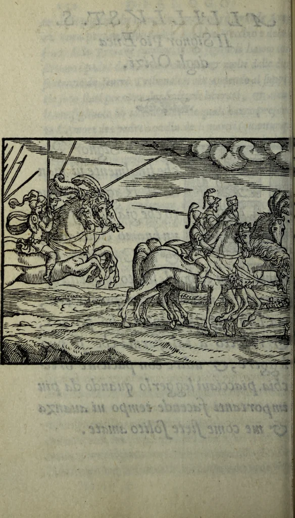 An illustration from Varii componimenti di M. Hort. Lando, nvovamenti venvti in lvce : Quesiti amorosi, con le risposte. Dialogo intitolato Ulisse. Ragionamento occorso tra un cavalliere, & un'huomo soletario. Alcune novelle. Alcune favole. Alcuni scroppoli, che sogliono occorrere nella cottidiana nostra lingua, 1552, leaf 165