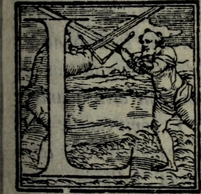 An illustration from Varii componimenti di M. Hort. Lando, nvovamenti venvti in lvce : Quesiti amorosi, con le risposte. Dialogo intitolato Ulisse. Ragionamento occorso tra un cavalliere, & un'huomo soletario. Alcune novelle. Alcune favole. Alcuni scroppoli, che sogliono occorrere nella cottidiana nostra lingua, 1552, leaf 166