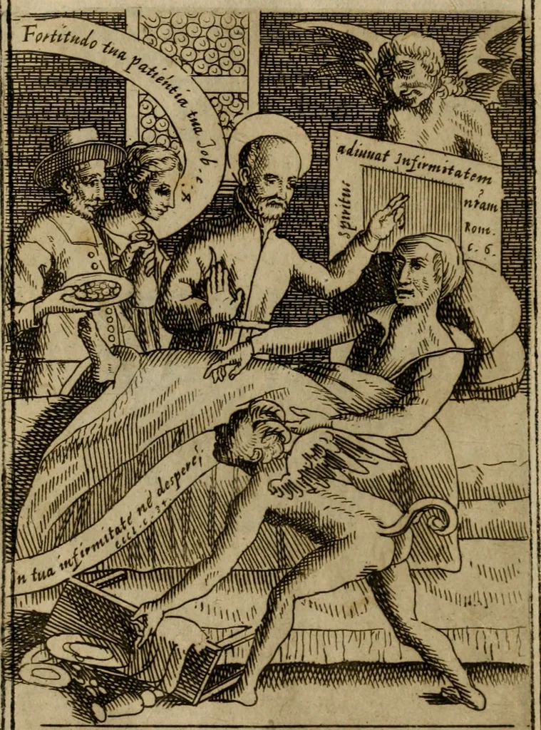 An illustration from Varii, e veri ritratti della morte : disegnati in immagini, ed espressi in essempij al peccatore duro di cuore, 1675, leaf 137