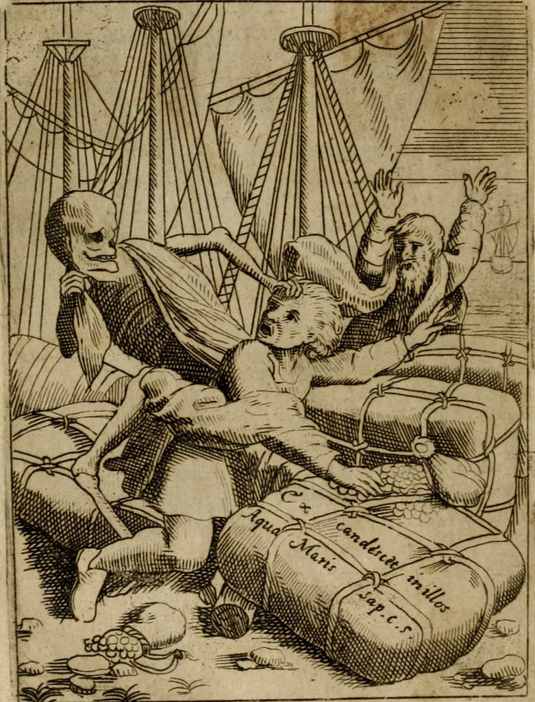 An illustration from Varii, e veri ritratti della morte : disegnati in immagini, ed espressi in essempij al peccatore duro di cuore, 1675, leaf 65