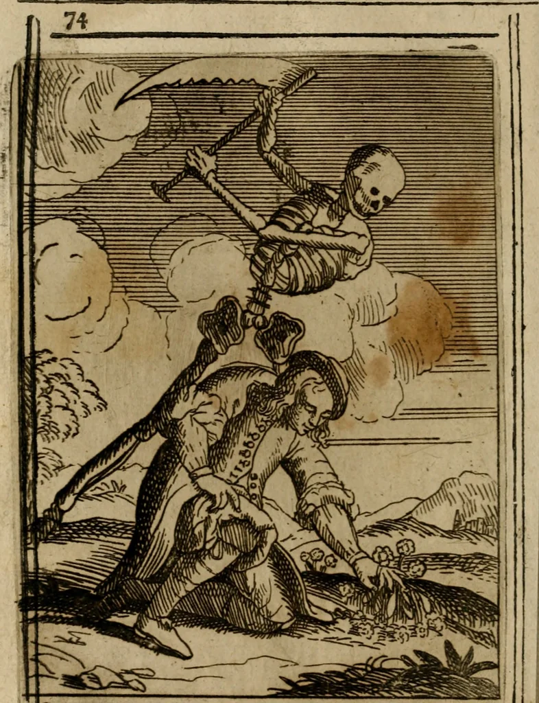 An illustration from Varii, e veri ritratti della morte : disegnati in immagini, ed espressi in essempij al peccatore duro di cuore, 1675, leaf 77