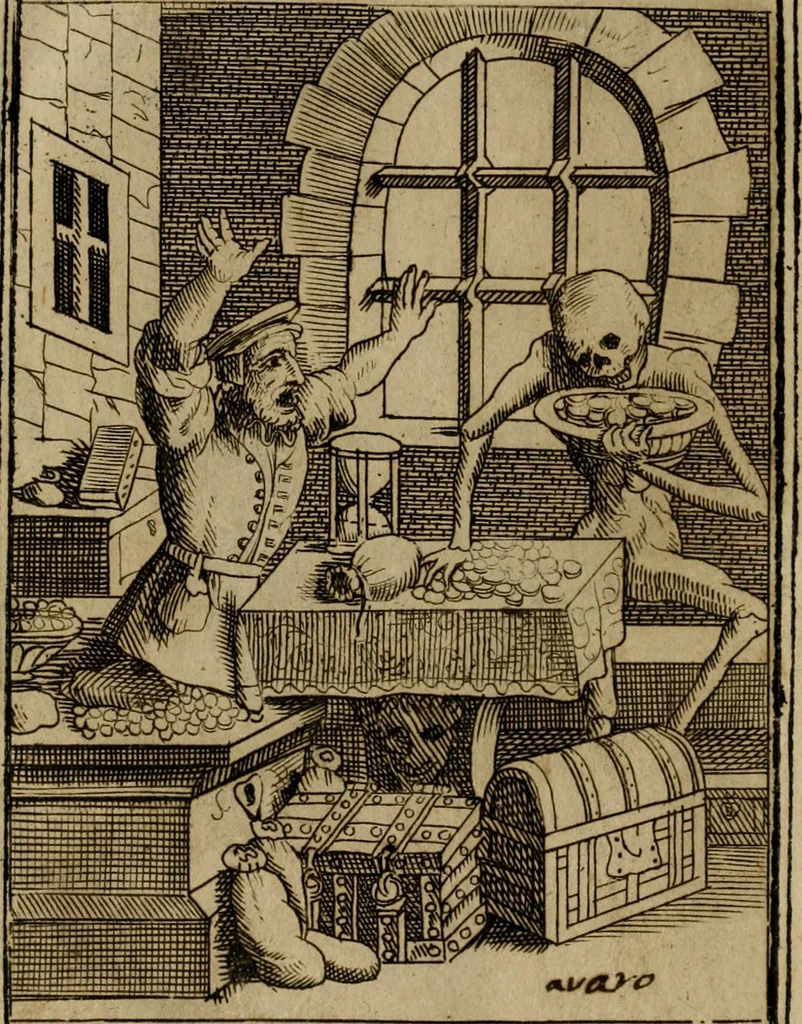 An illustration from Varii, e veri ritratti della morte : disegnati in immagini, ed espressi in essempij al peccatore duro di cuore, 1675, leaf 95