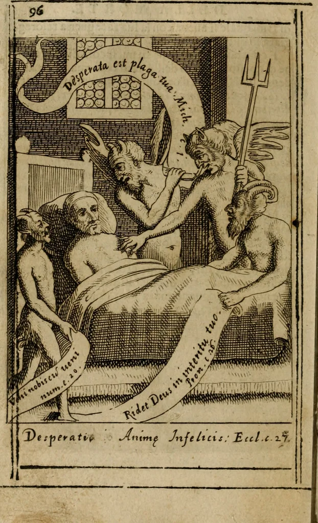 An illustration from Varii, e veri ritratti della morte : disegnati in immagini, ed espressi in essempij al peccatore duro di cuore, 1675, leaf 99