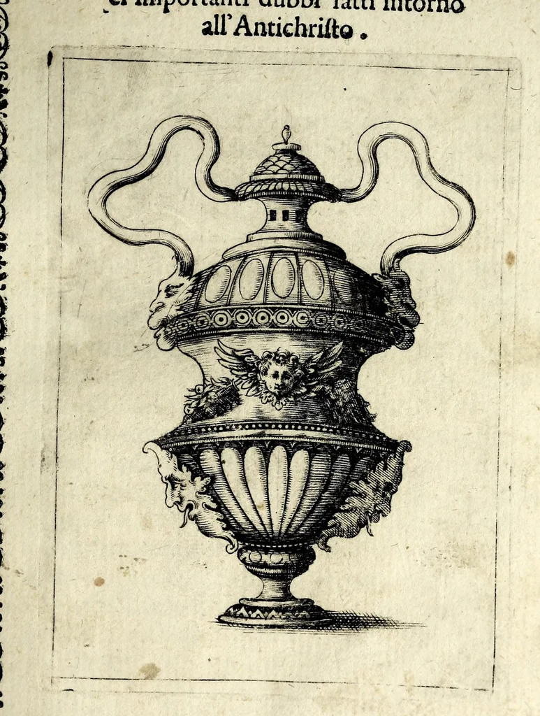 An illustration from Vaso di uerità : nel quale si contengono dodeci resolutioni uere a dodeci importanti dubbi, fatti intorno all'origine, nascita, uita, opere, e morte dell'Antichristo, 1597, leaf 21