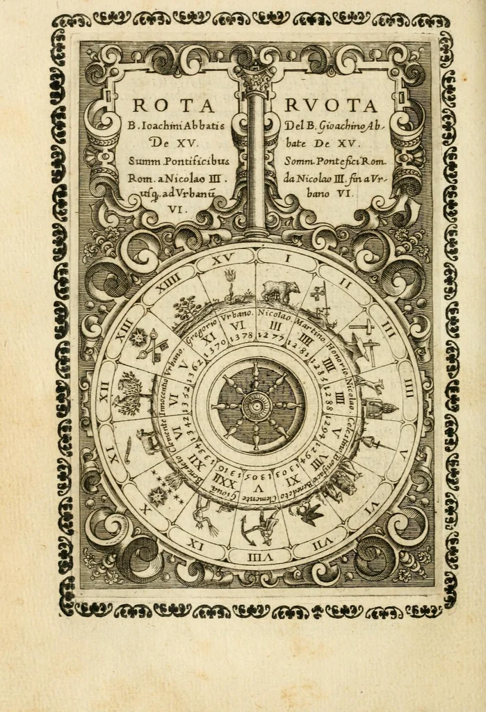An illustration from Vaticinia, sev, Praedictiones illvstrivm virorvm : sex rotis aere incisis compraensa : de successione Summ. Pontificis Rom., cum declarationibus et annotationibus Hieronymi Ioannini = Vaticini, overo, Predittioni d'hvomini illvstri : comprese in sei rvote intagliate in rame : della successione de i Sommi Pont. Rom., con le dichiarationi et annotationi di Hieronimo Gioanini, 1600, leaf 16