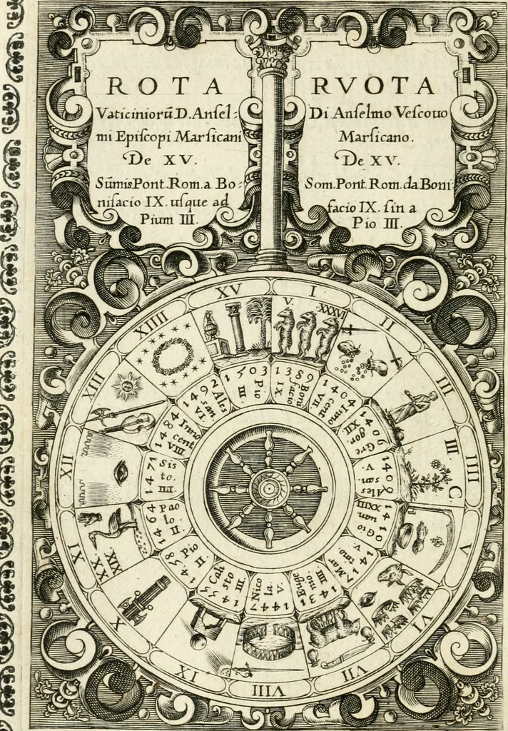 An illustration from Vaticinia, sev, Praedictiones illvstrivm virorvm : sex rotis aere incisis compraensa : de successione Summ. Pontificis Rom., cum declarationibus et annotationibus Hieronymi Ioannini = Vaticini, overo, Predittioni d'hvomini illvstri : comprese in sei rvote intagliate in rame : della successione de i Sommi Pont. Rom., con le dichiarationi et annotationi di Hieronimo Gioanini, 1600, leaf 19