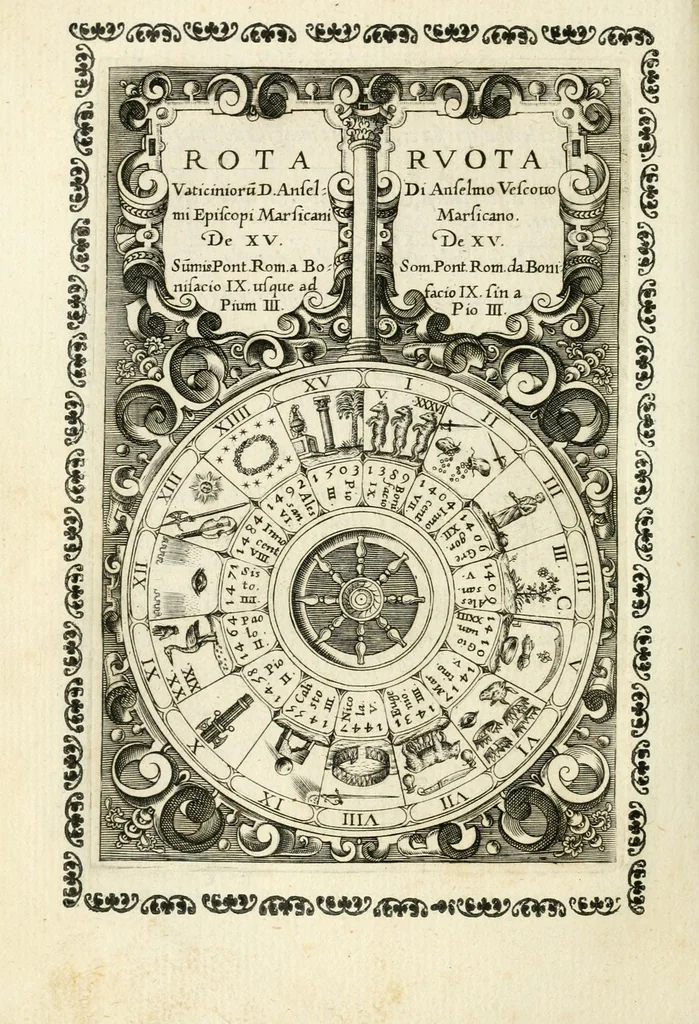 An illustration from Vaticinia, sev, Praedictiones illvstrivm virorvm : sex rotis aere incisis compraensa : de successione Summ. Pontificis Rom., cum declarationibus et annotationibus Hieronymi Ioannini = Vaticini, overo, Predittioni d'hvomini illvstri : comprese in sei rvote intagliate in rame : della successione de i Sommi Pont. Rom., con le dichiarationi et annotationi di Hieronimo Gioanini, 1600, leaf 20