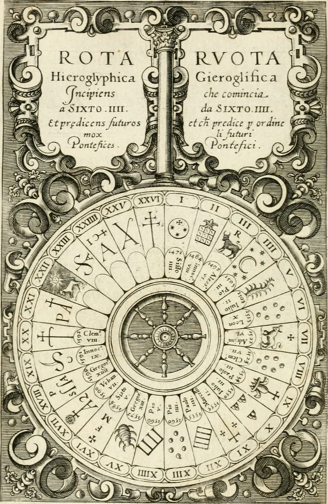 An illustration from Vaticinia, sev, Praedictiones illvstrivm virorvm : sex rotis aere incisis compraensa : de successione Summ. Pontificis Rom., cum declarationibus et annotationibus Hieronymi Ioannini = Vaticini, overo, Predittioni d'hvomini illvstri : comprese in sei rvote intagliate in rame : della successione de i Sommi Pont. Rom., con le dichiarationi et annotationi di Hieronimo Gioanini, 1600, leaf 23