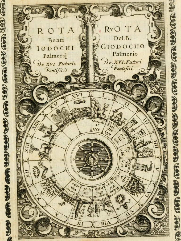An illustration from Vaticinia, sev, Praedictiones illvstrivm virorvm : sex rotis aere incisis compraensa : de successione Summ. Pontificis Rom., cum declarationibus et annotationibus Hieronymi Ioannini = Vaticini, overo, Predittioni d'hvomini illvstri : comprese in sei rvote intagliate in rame : della successione de i Sommi Pont. Rom., con le dichiarationi et annotationi di Hieronimo Gioanini, 1600, leaf 30
