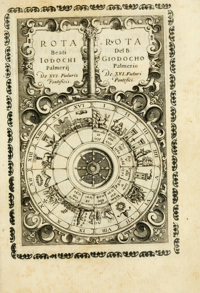 An illustration from Vaticinia, sev, Praedictiones illvstrivm virorvm : sex rotis aere incisis compraensa : de successione Summ. Pontificis Rom., cum declarationibus et annotationibus Hieronymi Ioannini = Vaticini, overo, Predittioni d'hvomini illvstri : comprese in sei rvote intagliate in rame : della successione de i Sommi Pont. Rom., con le dichiarationi et annotationi di Hieronimo Gioanini, 1600, leaf 31
