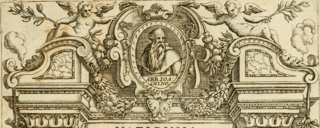 An illustration from Vaticinia, sev, Praedictiones illvstrivm virorvm : sex rotis aere incisis compraensa : de successione Summ. Pontificis Rom., cum declarationibus et annotationibus Hieronymi Ioannini = Vaticini, overo, Predittioni d'hvomini illvstri : comprese in sei rvote intagliate in rame : della successione de i Sommi Pont. Rom., con le dichiarationi et annotationi di Hieronimo Gioanini, 1600, leaf 4