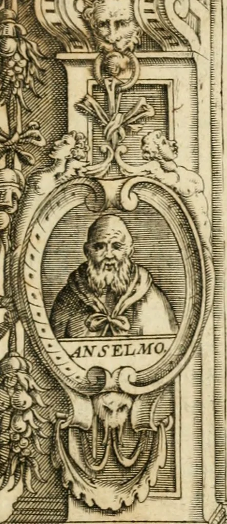 An illustration from Vaticinia, sev, Praedictiones illvstrivm virorvm : sex rotis aere incisis compraensa : de successione Summ. Pontificis Rom., cum declarationibus et annotationibus Hieronymi Ioannini = Vaticini, overo, Predittioni d'hvomini illvstri : comprese in sei rvote intagliate in rame : della successione de i Sommi Pont. Rom., con le dichiarationi et annotationi di Hieronimo Gioanini, 1600, leaf 4
