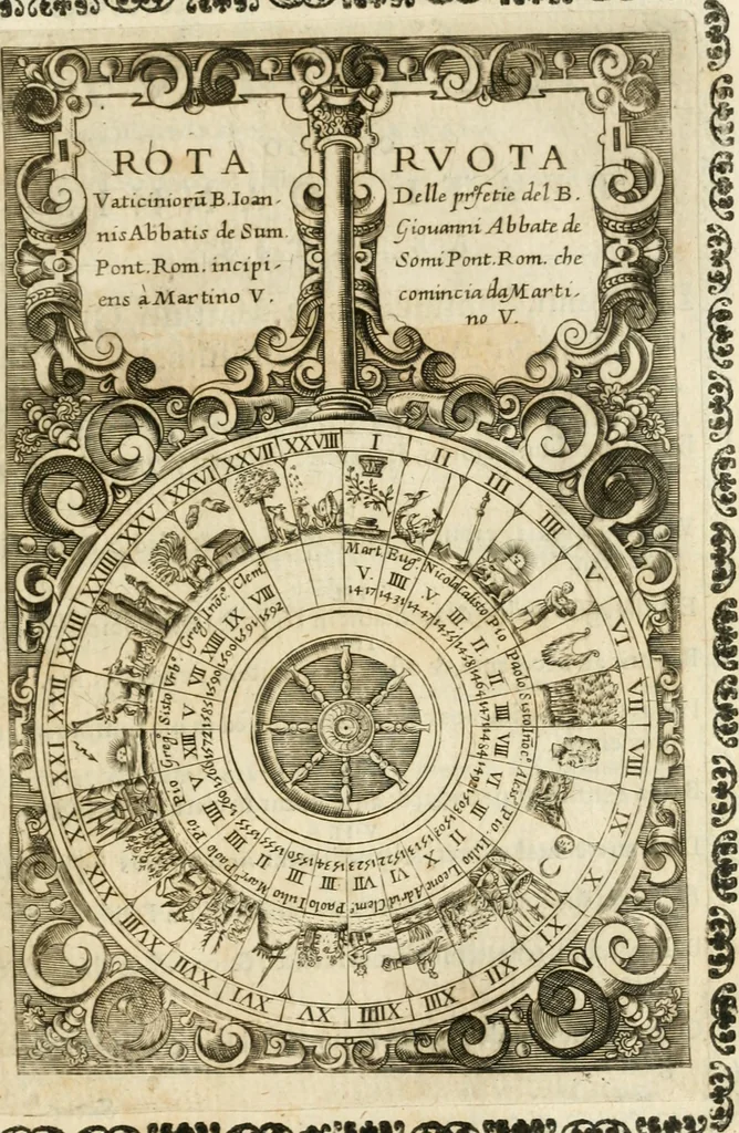 An illustration from Vaticinia, sev, Praedictiones illvstrivm virorvm : sex rotis aere incisis compraensa : de successione Summ. Pontificis Rom., cum declarationibus et annotationibus Hieronymi Ioannini = Vaticini, overo, Predittioni d'hvomini illvstri : comprese in sei rvote intagliate in rame : della successione de i Sommi Pont. Rom., con le dichiarationi et annotationi di Hieronimo Gioanini, 1600, leaf 44