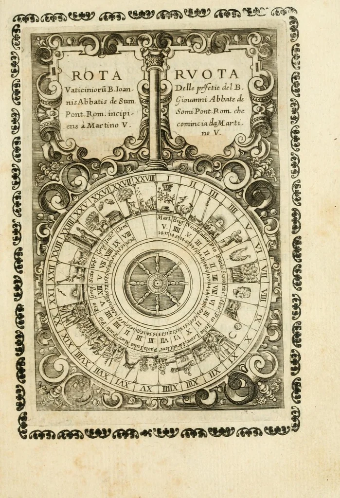 An illustration from Vaticinia, sev, Praedictiones illvstrivm virorvm : sex rotis aere incisis compraensa : de successione Summ. Pontificis Rom., cum declarationibus et annotationibus Hieronymi Ioannini = Vaticini, overo, Predittioni d'hvomini illvstri : comprese in sei rvote intagliate in rame : della successione de i Sommi Pont. Rom., con le dichiarationi et annotationi di Hieronimo Gioanini, 1600, leaf 45