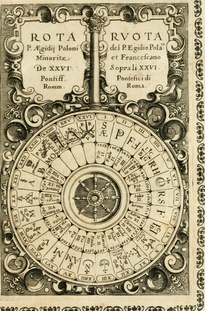 An illustration from Vaticinia, sev, Praedictiones illvstrivm virorvm : sex rotis aere incisis compraensa : de successione Summ. Pontificis Rom., cum declarationibus et annotationibus Hieronymi Ioannini = Vaticini, overo, Predittioni d'hvomini illvstri : comprese in sei rvote intagliate in rame : della successione de i Sommi Pont. Rom., con le dichiarationi et annotationi di Hieronimo Gioanini, 1600, leaf 56