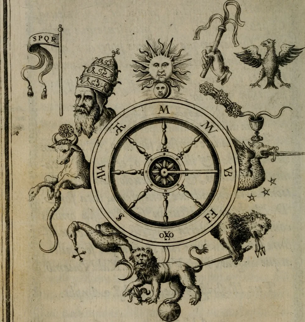 An illustration from Vaticinia, siue Prophetiae abbatis Ioachimi & Anselmi episcopi Marsicani : cum imaginibus aere incisis, correctione et pulcritudine, plurium manuscriptorum exemplariu[m] op[er]e, et uariaru[m] imaginu[m] tabulis, et delineationibu[s], alijs ante hac impressis longè praestantiora : quibus Rota, et Oraculum turcicum maxime considerationis adiecta sunt : vnà cum praefatione, et adnotationibus Paschalini Regiselmi = Vaticinii, ouero Profetie dell'abbate Gioachino, & di Anselmo vescouo di Marsico : con l'imagini intagliate in rame, di correttione, et uaghezza maggiore, che gl'atri sin' hora stampati, per l'aggiuto di molti exemplari scritti à penna, et per le pitture, et disegni di uarie imagini : à qualli è aggionta una Ruota, et un' oracolo Turchesco di grandissima co[n]sideratione : insieme con la prefatione, et annotationi di Pasqualino Regiselmo, 1589, leaf 11