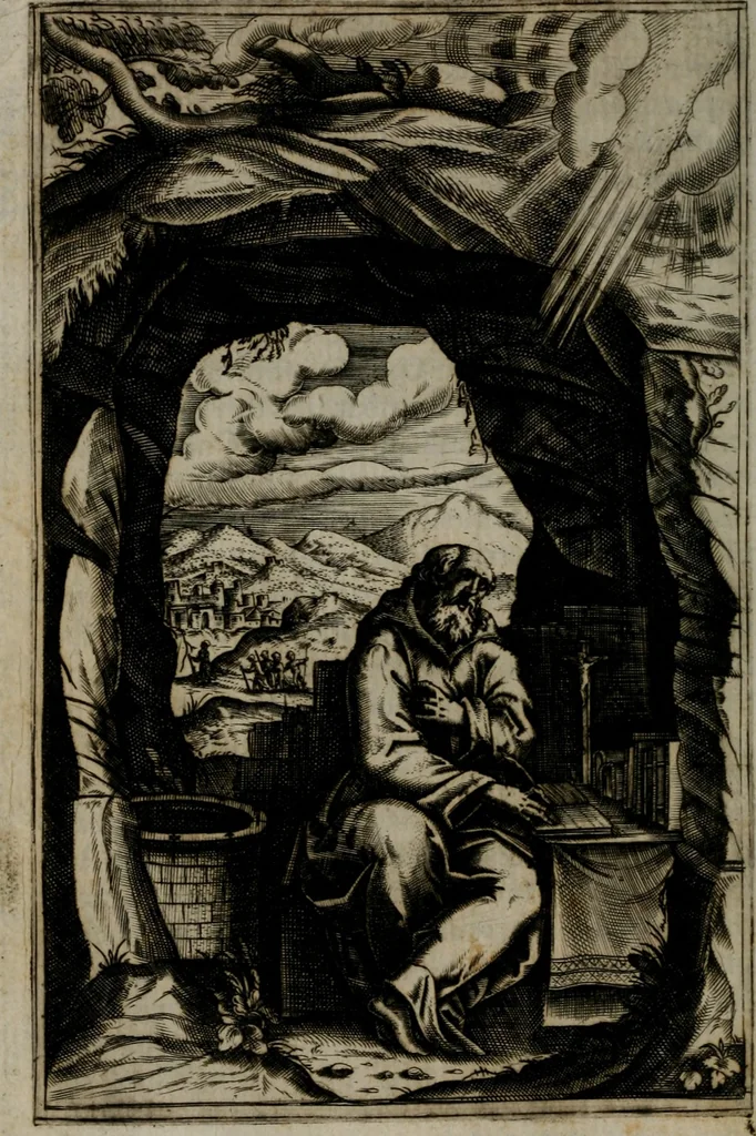 An illustration from Vaticinia, siue Prophetiae abbatis Ioachimi & Anselmi episcopi Marsicani : cum imaginibus aere incisis, correctione et pulcritudine, plurium manuscriptorum exemplariu[m] op[er]e, et uariaru[m] imaginu[m] tabulis, et delineationibu[s], alijs ante hac impressis longè praestantiora : quibus Rota, et Oraculum turcicum maxime considerationis adiecta sunt : vnà cum praefatione, et adnotationibus Paschalini Regiselmi = Vaticinii, ouero Profetie dell'abbate Gioachino, & di Anselmo vescouo di Marsico : con l'imagini intagliate in rame, di correttione, et uaghezza maggiore, che gl'atri sin' hora stampati, per l'aggiuto di molti exemplari scritti à penna, et per le pitture, et disegni di uarie imagini : à qualli è aggionta una Ruota, et un' oracolo Turchesco di grandissima co[n]sideratione : insieme con la prefatione, et annotationi di Pasqualino Regiselmo, 1589, leaf 27