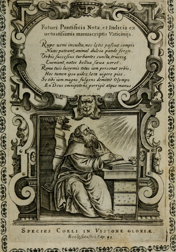 An illustration from Vaticinia, siue Prophetiae abbatis Ioachimi & Anselmi episcopi Marsicani : cum imaginibus aere incisis, correctione et pulcritudine, plurium manuscriptorum exemplariu[m] op[er]e, et uariaru[m] imaginu[m] tabulis, et delineationibu[s], alijs ante hac impressis longè praestantiora : quibus Rota, et Oraculum turcicum maxime considerationis adiecta sunt : vnà cum praefatione, et adnotationibus Paschalini Regiselmi = Vaticinii, ouero Profetie dell'abbate Gioachino, & di Anselmo vescouo di Marsico : con l'imagini intagliate in rame, di correttione, et uaghezza maggiore, che gl'atri sin' hora stampati, per l'aggiuto di molti exemplari scritti à penna, et per le pitture, et disegni di uarie imagini : à qualli è aggionta una Ruota, et un' oracolo Turchesco di grandissima co[n]sideratione : insieme con la prefatione, et annotationi di Pasqualino Regiselmo, 1589, leaf 36