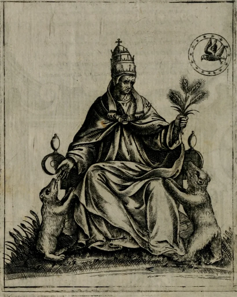 An illustration from Vaticinia, siue Prophetiae abbatis Ioachimi & Anselmi episcopi Marsicani : cum imaginibus aere incisis, correctione et pulcritudine, plurium manuscriptorum exemplariu[m] op[er]e, et uariaru[m] imaginu[m] tabulis, et delineationibu[s], alijs ante hac impressis longè praestantiora : quibus Rota, et Oraculum turcicum maxime considerationis adiecta sunt : vnà cum praefatione, et adnotationibus Paschalini Regiselmi = Vaticinii, ouero Profetie dell'abbate Gioachino, & di Anselmo vescouo di Marsico : con l'imagini intagliate in rame, di correttione, et uaghezza maggiore, che gl'atri sin' hora stampati, per l'aggiuto di molti exemplari scritti à penna, et per le pitture, et disegni di uarie imagini : à qualli è aggionta una Ruota, et un' oracolo Turchesco di grandissima co[n]sideratione : insieme con la prefatione, et annotationi di Pasqualino Regiselmo, 1589, leaf 37