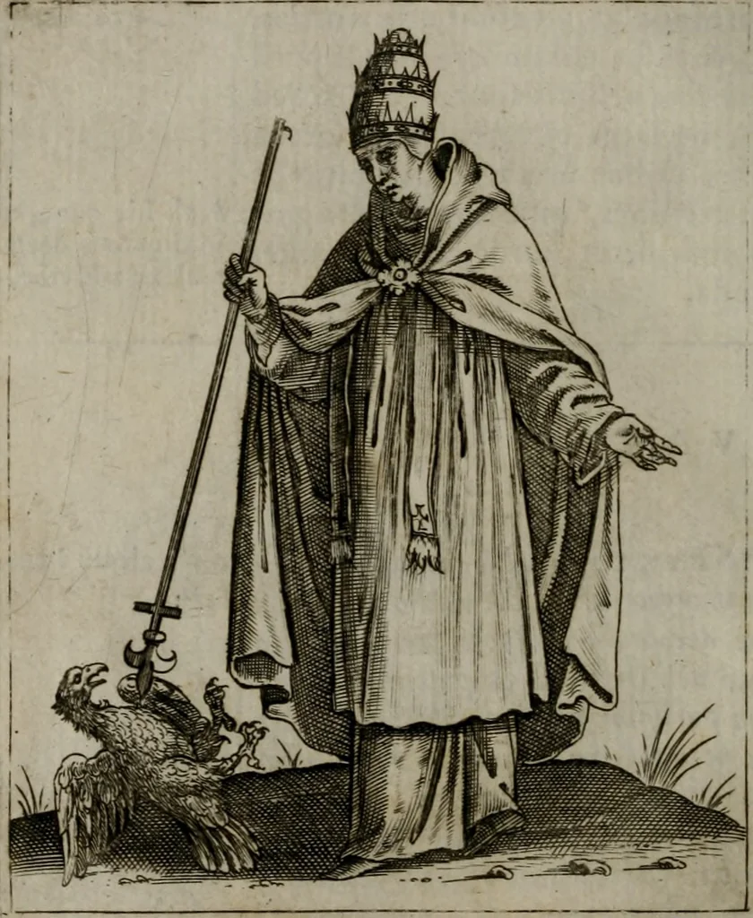 An illustration from Vaticinia, siue Prophetiae abbatis Ioachimi & Anselmi episcopi Marsicani : cum imaginibus aere incisis, correctione et pulcritudine, plurium manuscriptorum exemplariu[m] op[er]e, et uariaru[m] imaginu[m] tabulis, et delineationibu[s], alijs ante hac impressis longè praestantiora : quibus Rota, et Oraculum turcicum maxime considerationis adiecta sunt : vnà cum praefatione, et adnotationibus Paschalini Regiselmi = Vaticinii, ouero Profetie dell'abbate Gioachino, & di Anselmo vescouo di Marsico : con l'imagini intagliate in rame, di correttione, et uaghezza maggiore, che gl'atri sin' hora stampati, per l'aggiuto di molti exemplari scritti à penna, et per le pitture, et disegni di uarie imagini : à qualli è aggionta una Ruota, et un' oracolo Turchesco di grandissima co[n]sideratione : insieme con la prefatione, et annotationi di Pasqualino Regiselmo, 1589, leaf 39