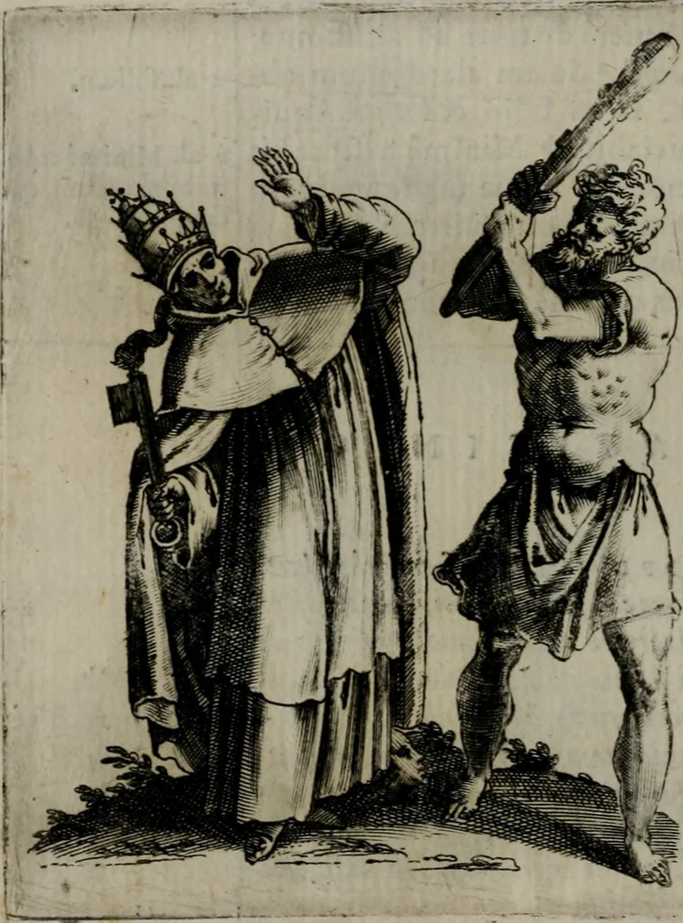 An illustration from Vaticinia, siue Prophetiae abbatis Ioachimi & Anselmi episcopi Marsicani : cum imaginibus aere incisis, correctione et pulcritudine, plurium manuscriptorum exemplariu[m] op[er]e, et uariaru[m] imaginu[m] tabulis, et delineationibu[s], alijs ante hac impressis longè praestantiora : quibus Rota, et Oraculum turcicum maxime considerationis adiecta sunt : vnà cum praefatione, et adnotationibus Paschalini Regiselmi = Vaticinii, ouero Profetie dell'abbate Gioachino, & di Anselmo vescouo di Marsico : con l'imagini intagliate in rame, di correttione, et uaghezza maggiore, che gl'atri sin' hora stampati, per l'aggiuto di molti exemplari scritti à penna, et per le pitture, et disegni di uarie imagini : à qualli è aggionta una Ruota, et un' oracolo Turchesco di grandissima co[n]sideratione : insieme con la prefatione, et annotationi di Pasqualino Regiselmo, 1589, leaf 41