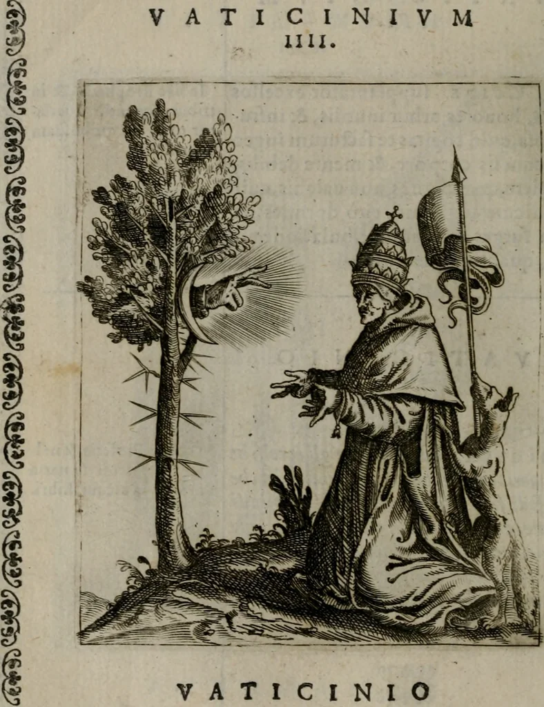 An illustration from Vaticinia, siue Prophetiae abbatis Ioachimi & Anselmi episcopi Marsicani : cum imaginibus aere incisis, correctione et pulcritudine, plurium manuscriptorum exemplariu[m] op[er]e, et uariaru[m] imaginu[m] tabulis, et delineationibu[s], alijs ante hac impressis longè praestantiora : quibus Rota, et Oraculum turcicum maxime considerationis adiecta sunt : vnà cum praefatione, et adnotationibus Paschalini Regiselmi = Vaticinii, ouero Profetie dell'abbate Gioachino, & di Anselmo vescouo di Marsico : con l'imagini intagliate in rame, di correttione, et uaghezza maggiore, che gl'atri sin' hora stampati, per l'aggiuto di molti exemplari scritti à penna, et per le pitture, et disegni di uarie imagini : à qualli è aggionta una Ruota, et un' oracolo Turchesco di grandissima co[n]sideratione : insieme con la prefatione, et annotationi di Pasqualino Regiselmo, 1589, leaf 43