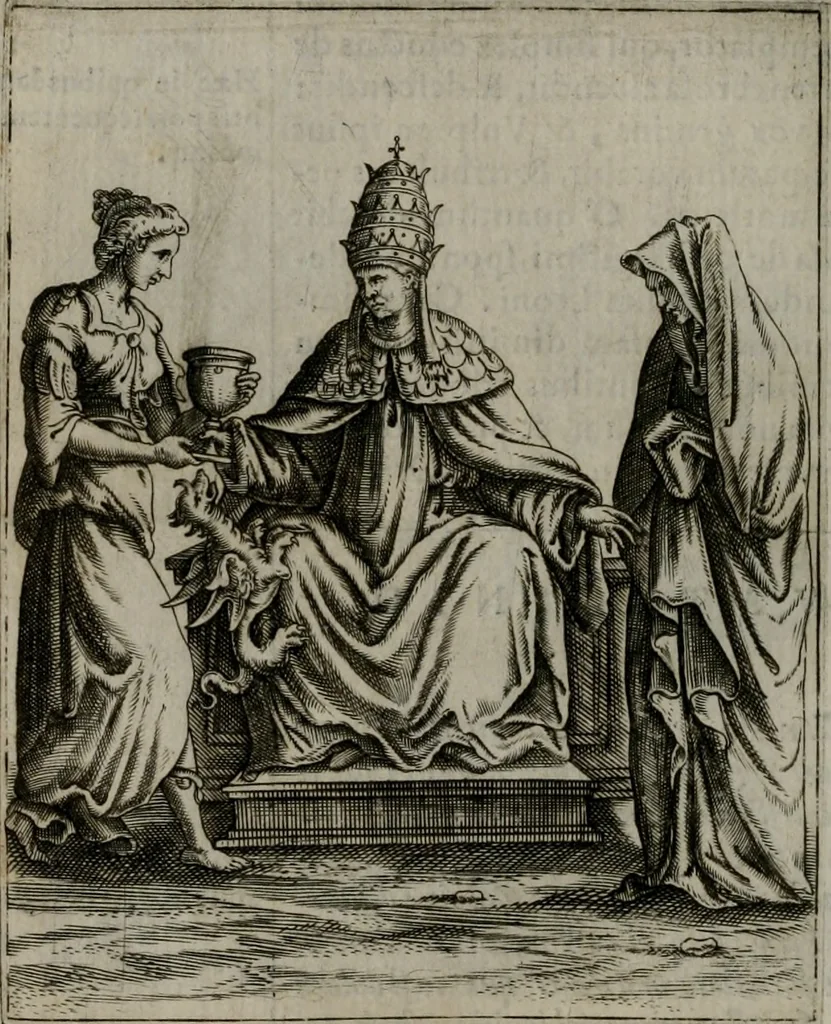 An illustration from Vaticinia, siue Prophetiae abbatis Ioachimi & Anselmi episcopi Marsicani : cum imaginibus aere incisis, correctione et pulcritudine, plurium manuscriptorum exemplariu[m] op[er]e, et uariaru[m] imaginu[m] tabulis, et delineationibu[s], alijs ante hac impressis longè praestantiora : quibus Rota, et Oraculum turcicum maxime considerationis adiecta sunt : vnà cum praefatione, et adnotationibus Paschalini Regiselmi = Vaticinii, ouero Profetie dell'abbate Gioachino, & di Anselmo vescouo di Marsico : con l'imagini intagliate in rame, di correttione, et uaghezza maggiore, che gl'atri sin' hora stampati, per l'aggiuto di molti exemplari scritti à penna, et per le pitture, et disegni di uarie imagini : à qualli è aggionta una Ruota, et un' oracolo Turchesco di grandissima co[n]sideratione : insieme con la prefatione, et annotationi di Pasqualino Regiselmo, 1589, leaf 45