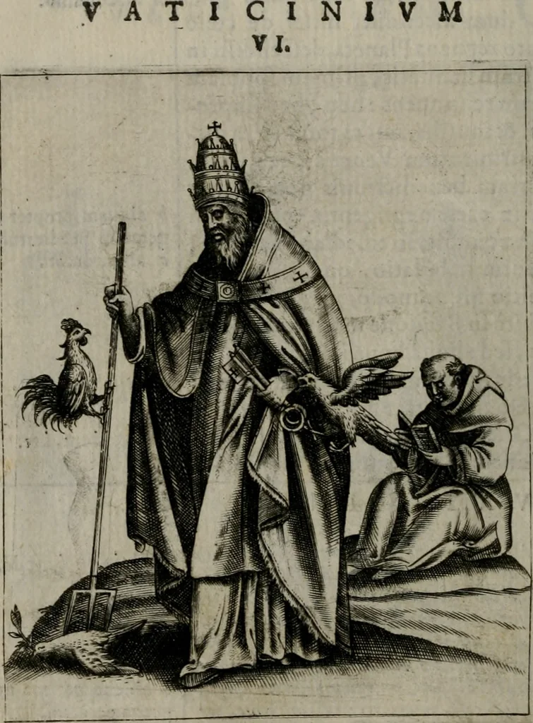 An illustration from Vaticinia, siue Prophetiae abbatis Ioachimi & Anselmi episcopi Marsicani : cum imaginibus aere incisis, correctione et pulcritudine, plurium manuscriptorum exemplariu[m] op[er]e, et uariaru[m] imaginu[m] tabulis, et delineationibu[s], alijs ante hac impressis longè praestantiora : quibus Rota, et Oraculum turcicum maxime considerationis adiecta sunt : vnà cum praefatione, et adnotationibus Paschalini Regiselmi = Vaticinii, ouero Profetie dell'abbate Gioachino, & di Anselmo vescouo di Marsico : con l'imagini intagliate in rame, di correttione, et uaghezza maggiore, che gl'atri sin' hora stampati, per l'aggiuto di molti exemplari scritti à penna, et per le pitture, et disegni di uarie imagini : à qualli è aggionta una Ruota, et un' oracolo Turchesco di grandissima co[n]sideratione : insieme con la prefatione, et annotationi di Pasqualino Regiselmo, 1589, leaf 47
