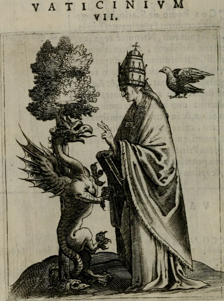 An illustration from Vaticinia, siue Prophetiae abbatis Ioachimi & Anselmi episcopi Marsicani : cum imaginibus aere incisis, correctione et pulcritudine, plurium manuscriptorum exemplariu[m] op[er]e, et uariaru[m] imaginu[m] tabulis, et delineationibu[s], alijs ante hac impressis longè praestantiora : quibus Rota, et Oraculum turcicum maxime considerationis adiecta sunt : vnà cum praefatione, et adnotationibus Paschalini Regiselmi = Vaticinii, ouero Profetie dell'abbate Gioachino, & di Anselmo vescouo di Marsico : con l'imagini intagliate in rame, di correttione, et uaghezza maggiore, che gl'atri sin' hora stampati, per l'aggiuto di molti exemplari scritti à penna, et per le pitture, et disegni di uarie imagini : à qualli è aggionta una Ruota, et un' oracolo Turchesco di grandissima co[n]sideratione : insieme con la prefatione, et annotationi di Pasqualino Regiselmo, 1589, leaf 49