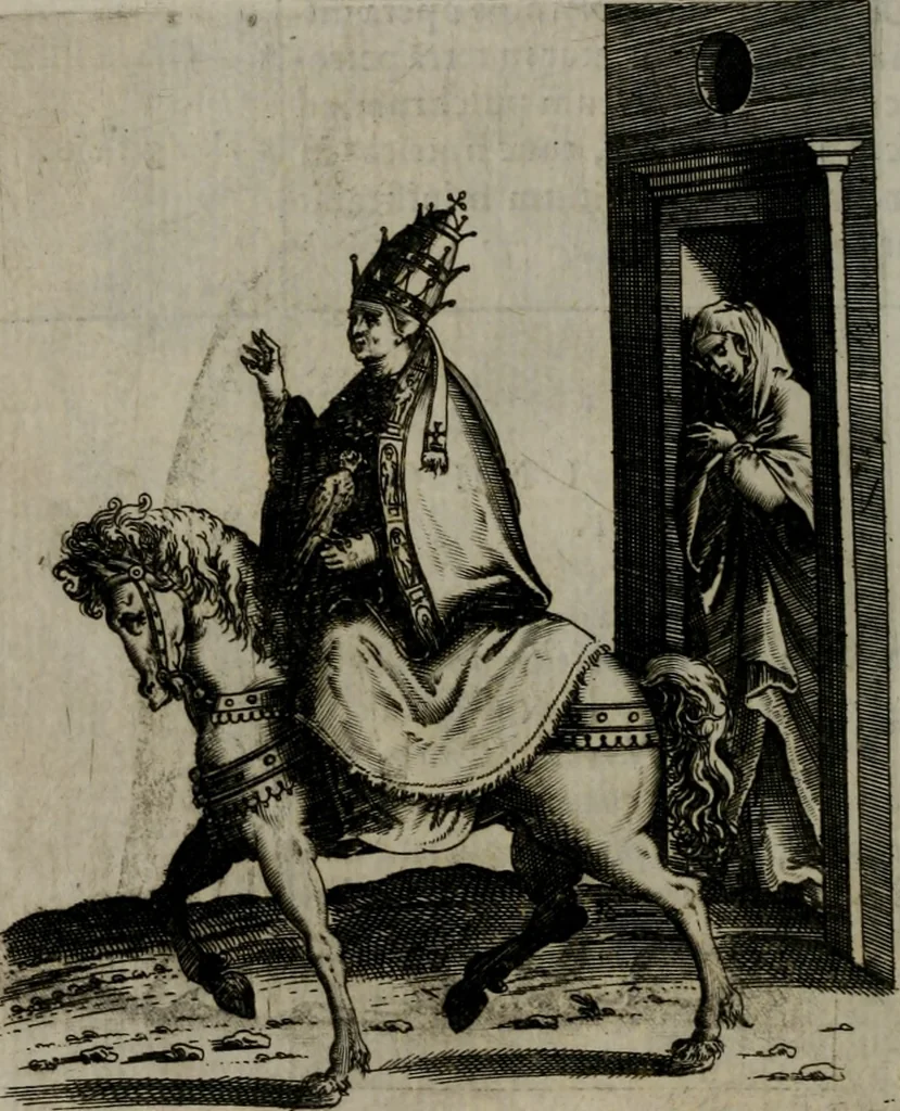 An illustration from Vaticinia, siue Prophetiae abbatis Ioachimi & Anselmi episcopi Marsicani : cum imaginibus aere incisis, correctione et pulcritudine, plurium manuscriptorum exemplariu[m] op[er]e, et uariaru[m] imaginu[m] tabulis, et delineationibu[s], alijs ante hac impressis longè praestantiora : quibus Rota, et Oraculum turcicum maxime considerationis adiecta sunt : vnà cum praefatione, et adnotationibus Paschalini Regiselmi = Vaticinii, ouero Profetie dell'abbate Gioachino, & di Anselmo vescouo di Marsico : con l'imagini intagliate in rame, di correttione, et uaghezza maggiore, che gl'atri sin' hora stampati, per l'aggiuto di molti exemplari scritti à penna, et per le pitture, et disegni di uarie imagini : à qualli è aggionta una Ruota, et un' oracolo Turchesco di grandissima co[n]sideratione : insieme con la prefatione, et annotationi di Pasqualino Regiselmo, 1589, leaf 51