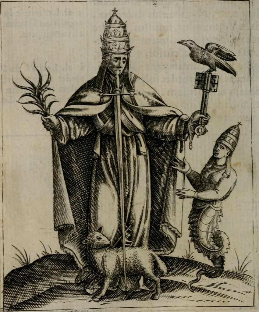 An illustration from Vaticinia, siue Prophetiae abbatis Ioachimi & Anselmi episcopi Marsicani : cum imaginibus aere incisis, correctione et pulcritudine, plurium manuscriptorum exemplariu[m] op[er]e, et uariaru[m] imaginu[m] tabulis, et delineationibu[s], alijs ante hac impressis longè praestantiora : quibus Rota, et Oraculum turcicum maxime considerationis adiecta sunt : vnà cum praefatione, et adnotationibus Paschalini Regiselmi = Vaticinii, ouero Profetie dell'abbate Gioachino, & di Anselmo vescouo di Marsico : con l'imagini intagliate in rame, di correttione, et uaghezza maggiore, che gl'atri sin' hora stampati, per l'aggiuto di molti exemplari scritti à penna, et per le pitture, et disegni di uarie imagini : à qualli è aggionta una Ruota, et un' oracolo Turchesco di grandissima co[n]sideratione : insieme con la prefatione, et annotationi di Pasqualino Regiselmo, 1589, leaf 53