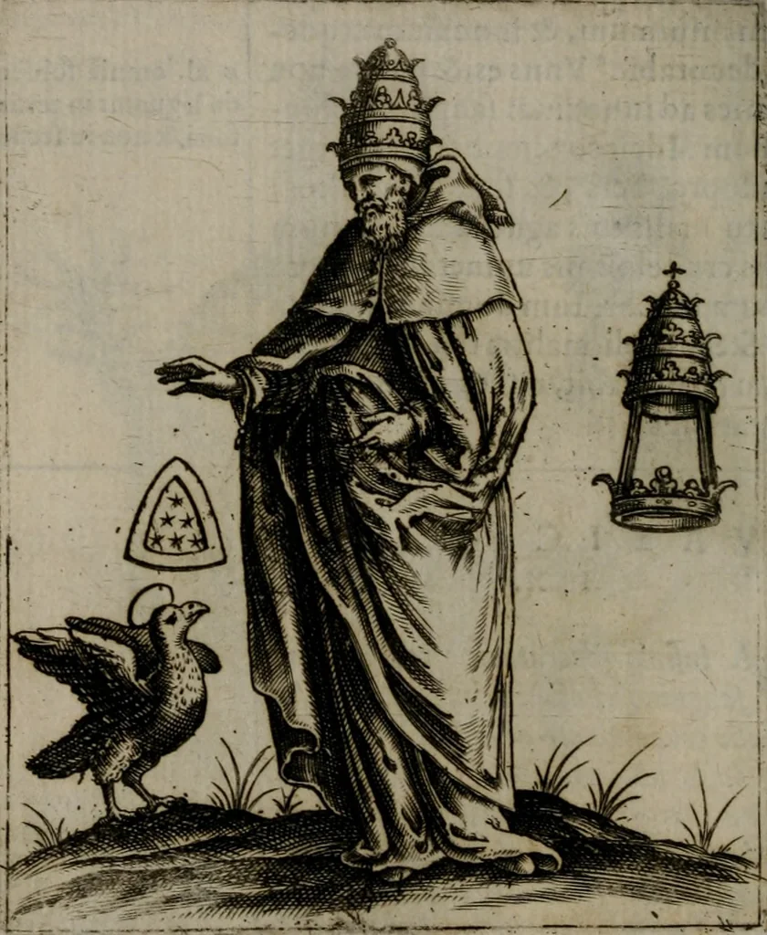 An illustration from Vaticinia, siue Prophetiae abbatis Ioachimi & Anselmi episcopi Marsicani : cum imaginibus aere incisis, correctione et pulcritudine, plurium manuscriptorum exemplariu[m] op[er]e, et uariaru[m] imaginu[m] tabulis, et delineationibu[s], alijs ante hac impressis longè praestantiora : quibus Rota, et Oraculum turcicum maxime considerationis adiecta sunt : vnà cum praefatione, et adnotationibus Paschalini Regiselmi = Vaticinii, ouero Profetie dell'abbate Gioachino, & di Anselmo vescouo di Marsico : con l'imagini intagliate in rame, di correttione, et uaghezza maggiore, che gl'atri sin' hora stampati, per l'aggiuto di molti exemplari scritti à penna, et per le pitture, et disegni di uarie imagini : à qualli è aggionta una Ruota, et un' oracolo Turchesco di grandissima co[n]sideratione : insieme con la prefatione, et annotationi di Pasqualino Regiselmo, 1589, leaf 55