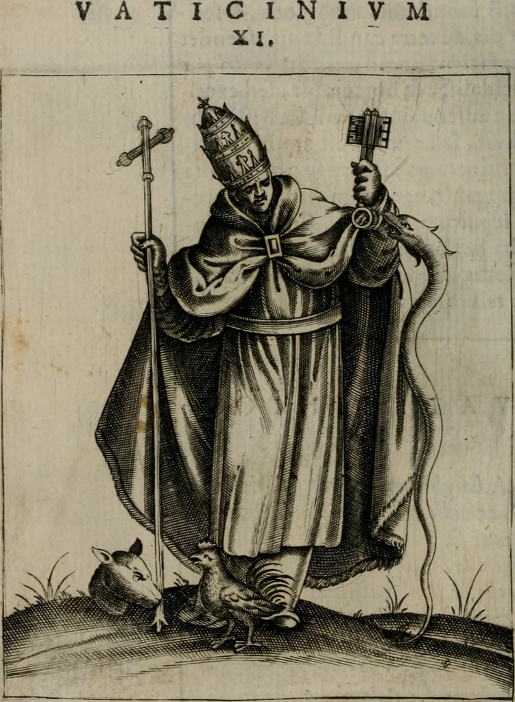 An illustration from Vaticinia, siue Prophetiae abbatis Ioachimi & Anselmi episcopi Marsicani : cum imaginibus aere incisis, correctione et pulcritudine, plurium manuscriptorum exemplariu[m] op[er]e, et uariaru[m] imaginu[m] tabulis, et delineationibu[s], alijs ante hac impressis longè praestantiora : quibus Rota, et Oraculum turcicum maxime considerationis adiecta sunt : vnà cum praefatione, et adnotationibus Paschalini Regiselmi = Vaticinii, ouero Profetie dell'abbate Gioachino, & di Anselmo vescouo di Marsico : con l'imagini intagliate in rame, di correttione, et uaghezza maggiore, che gl'atri sin' hora stampati, per l'aggiuto di molti exemplari scritti à penna, et per le pitture, et disegni di uarie imagini : à qualli è aggionta una Ruota, et un' oracolo Turchesco di grandissima co[n]sideratione : insieme con la prefatione, et annotationi di Pasqualino Regiselmo, 1589, leaf 57