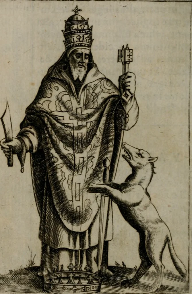 An illustration from Vaticinia, siue Prophetiae abbatis Ioachimi & Anselmi episcopi Marsicani : cum imaginibus aere incisis, correctione et pulcritudine, plurium manuscriptorum exemplariu[m] op[er]e, et uariaru[m] imaginu[m] tabulis, et delineationibu[s], alijs ante hac impressis longè praestantiora : quibus Rota, et Oraculum turcicum maxime considerationis adiecta sunt : vnà cum praefatione, et adnotationibus Paschalini Regiselmi = Vaticinii, ouero Profetie dell'abbate Gioachino, & di Anselmo vescouo di Marsico : con l'imagini intagliate in rame, di correttione, et uaghezza maggiore, che gl'atri sin' hora stampati, per l'aggiuto di molti exemplari scritti à penna, et per le pitture, et disegni di uarie imagini : à qualli è aggionta una Ruota, et un' oracolo Turchesco di grandissima co[n]sideratione : insieme con la prefatione, et annotationi di Pasqualino Regiselmo, 1589, leaf 59