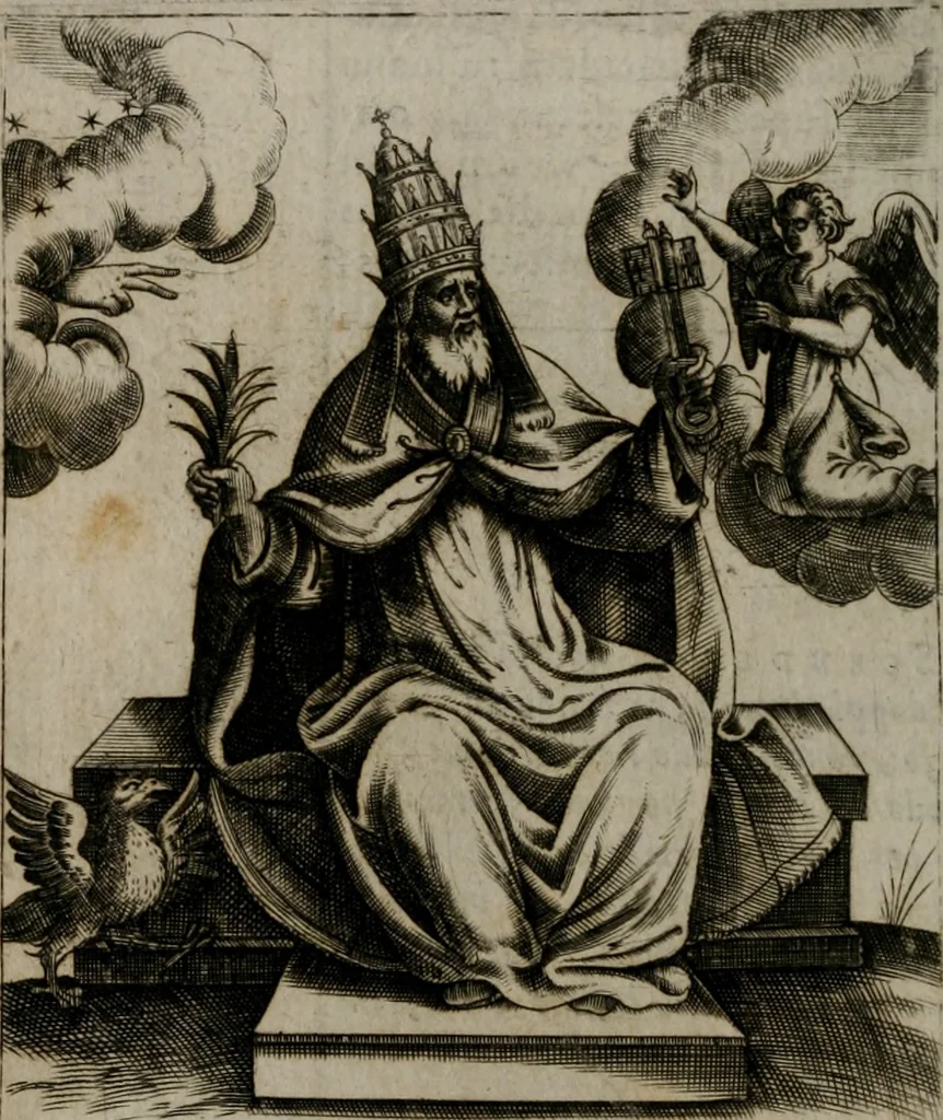 An illustration from Vaticinia, siue Prophetiae abbatis Ioachimi & Anselmi episcopi Marsicani : cum imaginibus aere incisis, correctione et pulcritudine, plurium manuscriptorum exemplariu[m] op[er]e, et uariaru[m] imaginu[m] tabulis, et delineationibu[s], alijs ante hac impressis longè praestantiora : quibus Rota, et Oraculum turcicum maxime considerationis adiecta sunt : vnà cum praefatione, et adnotationibus Paschalini Regiselmi = Vaticinii, ouero Profetie dell'abbate Gioachino, & di Anselmo vescouo di Marsico : con l'imagini intagliate in rame, di correttione, et uaghezza maggiore, che gl'atri sin' hora stampati, per l'aggiuto di molti exemplari scritti à penna, et per le pitture, et disegni di uarie imagini : à qualli è aggionta una Ruota, et un' oracolo Turchesco di grandissima co[n]sideratione : insieme con la prefatione, et annotationi di Pasqualino Regiselmo, 1589, leaf 61
