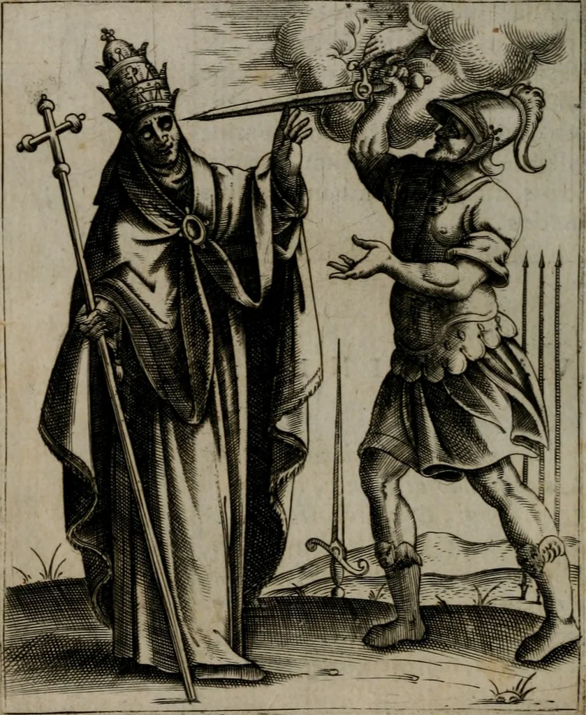 An illustration from Vaticinia, siue Prophetiae abbatis Ioachimi & Anselmi episcopi Marsicani : cum imaginibus aere incisis, correctione et pulcritudine, plurium manuscriptorum exemplariu[m] op[er]e, et uariaru[m] imaginu[m] tabulis, et delineationibu[s], alijs ante hac impressis longè praestantiora : quibus Rota, et Oraculum turcicum maxime considerationis adiecta sunt : vnà cum praefatione, et adnotationibus Paschalini Regiselmi = Vaticinii, ouero Profetie dell'abbate Gioachino, & di Anselmo vescouo di Marsico : con l'imagini intagliate in rame, di correttione, et uaghezza maggiore, che gl'atri sin' hora stampati, per l'aggiuto di molti exemplari scritti à penna, et per le pitture, et disegni di uarie imagini : à qualli è aggionta una Ruota, et un' oracolo Turchesco di grandissima co[n]sideratione : insieme con la prefatione, et annotationi di Pasqualino Regiselmo, 1589, leaf 63