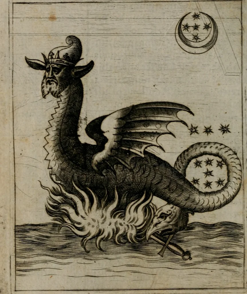 An illustration from Vaticinia, siue Prophetiae abbatis Ioachimi & Anselmi episcopi Marsicani : cum imaginibus aere incisis, correctione et pulcritudine, plurium manuscriptorum exemplariu[m] op[er]e, et uariaru[m] imaginu[m] tabulis, et delineationibu[s], alijs ante hac impressis longè praestantiora : quibus Rota, et Oraculum turcicum maxime considerationis adiecta sunt : vnà cum praefatione, et adnotationibus Paschalini Regiselmi = Vaticinii, ouero Profetie dell'abbate Gioachino, & di Anselmo vescouo di Marsico : con l'imagini intagliate in rame, di correttione, et uaghezza maggiore, che gl'atri sin' hora stampati, per l'aggiuto di molti exemplari scritti à penna, et per le pitture, et disegni di uarie imagini : à qualli è aggionta una Ruota, et un' oracolo Turchesco di grandissima co[n]sideratione : insieme con la prefatione, et annotationi di Pasqualino Regiselmo, 1589, leaf 65