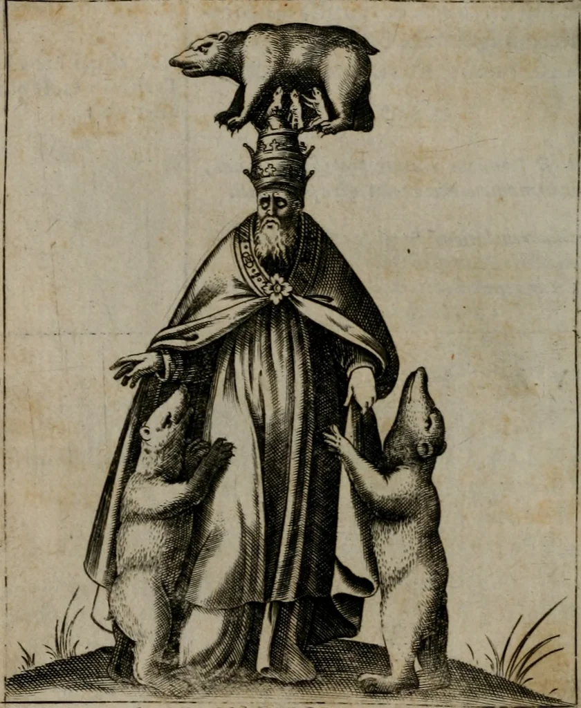 An illustration from Vaticinia, siue Prophetiae abbatis Ioachimi & Anselmi episcopi Marsicani : cum imaginibus aere incisis, correctione et pulcritudine, plurium manuscriptorum exemplariu[m] op[er]e, et uariaru[m] imaginu[m] tabulis, et delineationibu[s], alijs ante hac impressis longè praestantiora : quibus Rota, et Oraculum turcicum maxime considerationis adiecta sunt : vnà cum praefatione, et adnotationibus Paschalini Regiselmi = Vaticinii, ouero Profetie dell'abbate Gioachino, & di Anselmo vescouo di Marsico : con l'imagini intagliate in rame, di correttione, et uaghezza maggiore, che gl'atri sin' hora stampati, per l'aggiuto di molti exemplari scritti à penna, et per le pitture, et disegni di uarie imagini : à qualli è aggionta una Ruota, et un' oracolo Turchesco di grandissima co[n]sideratione : insieme con la prefatione, et annotationi di Pasqualino Regiselmo, 1589, leaf 67