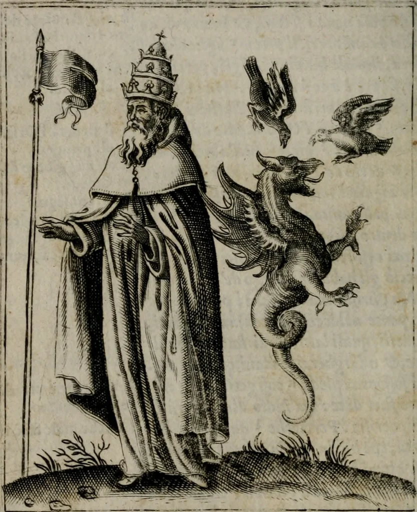 An illustration from Vaticinia, siue Prophetiae abbatis Ioachimi & Anselmi episcopi Marsicani : cum imaginibus aere incisis, correctione et pulcritudine, plurium manuscriptorum exemplariu[m] op[er]e, et uariaru[m] imaginu[m] tabulis, et delineationibu[s], alijs ante hac impressis longè praestantiora : quibus Rota, et Oraculum turcicum maxime considerationis adiecta sunt : vnà cum praefatione, et adnotationibus Paschalini Regiselmi = Vaticinii, ouero Profetie dell'abbate Gioachino, & di Anselmo vescouo di Marsico : con l'imagini intagliate in rame, di correttione, et uaghezza maggiore, che gl'atri sin' hora stampati, per l'aggiuto di molti exemplari scritti à penna, et per le pitture, et disegni di uarie imagini : à qualli è aggionta una Ruota, et un' oracolo Turchesco di grandissima co[n]sideratione : insieme con la prefatione, et annotationi di Pasqualino Regiselmo, 1589, leaf 71